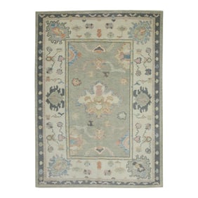 Early 21st Century Green & Charcoal Floral Design Handwoven Wool Turkish Oushak Rug 4'8" X 6'5"