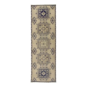1960s Tan & Blue Geometric Design Handwoven Wool Vintage Turkish Runner 3'2" X 10'2"