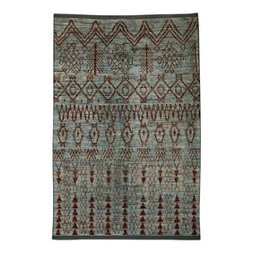 Early 21st Century Blue & Red Geometric Design Handwoven Wool Modern Turkish Rug 6'2" X 9'5"