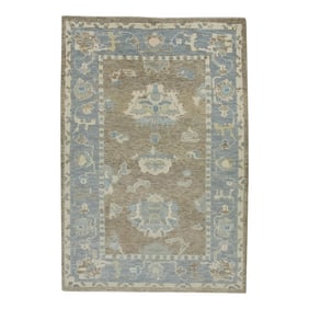 Early 21st Century Brown & Blue Floral Design Handwoven Wool Turkish Oushak Rug 3'8" X 5'4"