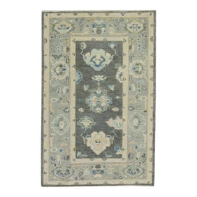 Early 21st Century Gray Floral Design Handwoven Wool Turkish Oushak Rug 2'11" X 4'9"