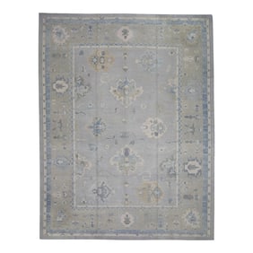 Early 21st Century Gray & Blue Floral Design Handwoven Wool Turkish Oushak Rug 12' X 16'1"