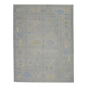 Early 21st Century Blue & Green Geometric Design Handwoven Wool Turkish Oushak Rug 9'1" X 11'6"