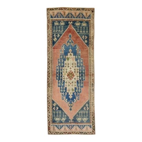1960s Red & Blue Geometric Design Handwoven Wool Vintage Turkish Runner 3'5" X 8'11"