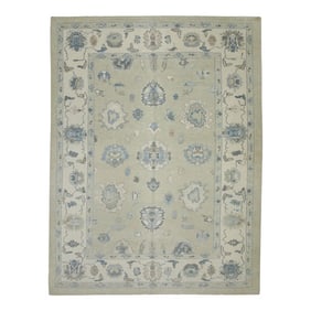 Early 21st Century Green Floral Design Handwoven Wool Turkish Oushak Rug 6'1" X 8'2"