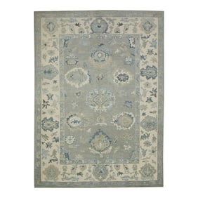 Early 21st Century Gray Floral Design Handwoven Wool Turkish Oushak Rug 6' X 8'3"