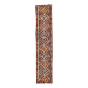 1960s Red Geometric Design Handwoven Wool Vintage Turkish Runner 2'10" X 13'4"