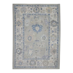 Early 21st Century Green & Blue Floral Design Handwoven Wool Turkish Oushak Rug 9' X 12'3"