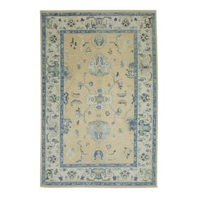 Early 21st Century Blue & Yellow Floral Design Handwoven Wool Turkish Oushak Rug 5'10" X 8'6"