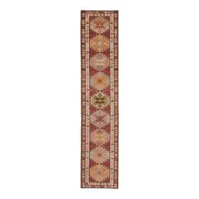 1960s Red Geometric Design Handwoven Wool Vintage Turkish Oushak Runner 2'10" X 13'5"
