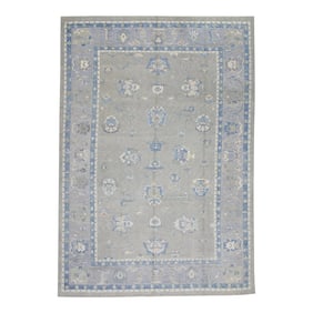 Early 21st Century Gray & Blue Handwoven Wool Floral Design Turkish Oushak Rug 9'4" X 11'8"