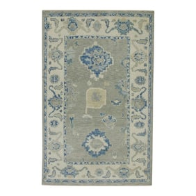 Early 21st Century Green & Blue Floral Design Handwoven Wool Turkish Oushak Rug 3'10" X 5'10"