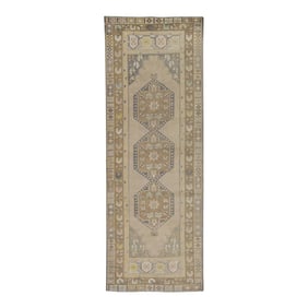 1960s Taupe & Blue Geometric Design Handwoven Wool Vintage Turkish Runner 3'4" X 9'4"