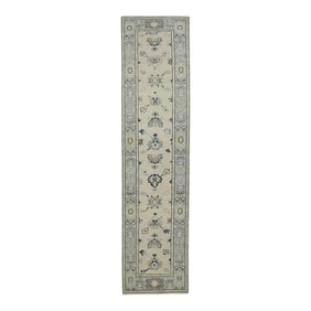 Early 21st Century Cream & Blue Floral Design Handwoven Wool Turkish Oushak Rug 2'4" X 9'10"