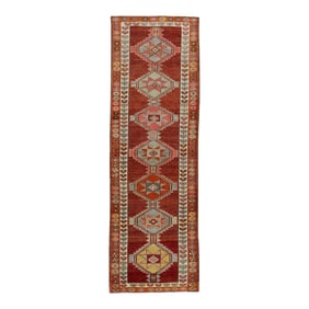1960s Red Geometric Design Handwoven Wool Vintage Turkish Runner 3' X 9'6"
