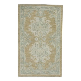 Early 21st Century Tan & Blue Geometric Design Handwoven Wool Turkish Oushak Rug 2'3" X 3'4"