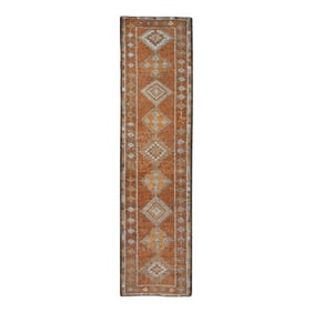 1960s Orange Geometric Design Handwoven Wool Vintage Turkish Oushak Runner 3'1" X 11'11"