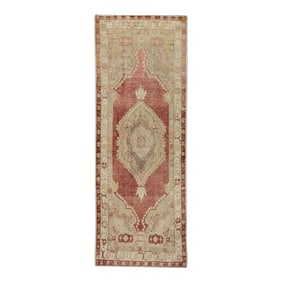 1960s Red Geometric Design Handwoven Wool Vintage Turkish Runner 3'5" X 9'5"
