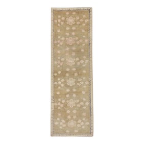 Early 21st Century Tan & Pink Floral Design Handwoven Wool Vintage Turkish Runner 3'2" X 9'2"