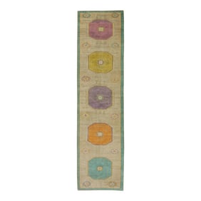 1960s Colorful Geometric Design Handwoven Wool Vintage Turkish Runner 3' X 12'3"