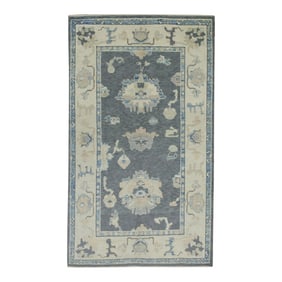 Early 21st Century Gray Floral Design Handwoven Wool Turkish Oushak Rug 3'10" X 6'2"