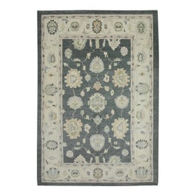 Early 21st Century Charcoal Floral Design Handwoven Wool Turkish Oushak Rug 6'3" X 9'