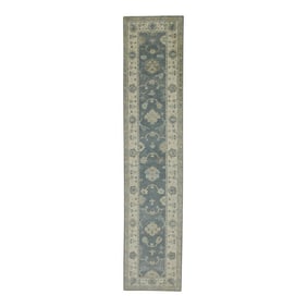 Early 21st Century Blue Floral Design Handwoven Wool Turkish Oushak Runner 2'9" X 13'2"