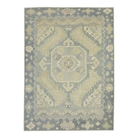 Early 21st Century Green & Gray Geometric Design Handwoven Wool Turkish Oushak Rug 4'9" X 6'1"
