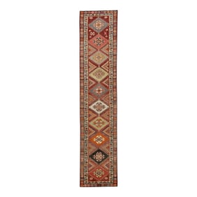 Early 21st Century Red Geometric Design Handwoven Wool Vintage Turkish Oushak Runner 2'10" X 12'10"