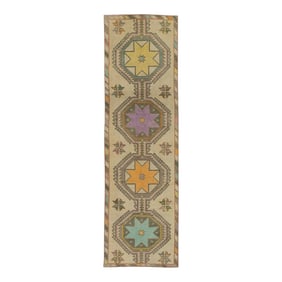 1960s Multicolor Geometric Design Handwoven Wool Vintage Turkish Oushak Runner 3'5" X 11'9"