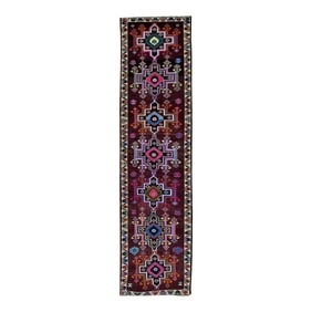 1960s Purple Colorful Geometric Design Handwoven Wool Vintage Turkish Oushak Runner 2'10" X 11'3"