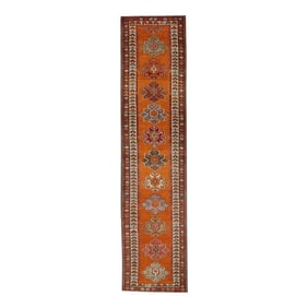 Early 21st Century Orange & Red Geometric Design Handwoven Wool Vintage Turkish Runner 3' X 13'