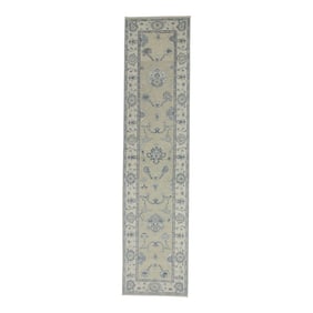 Early 21st Century Green & Blue Floral Design Handwoven Wool Turkish Oushak Rug 2'5" X 10'