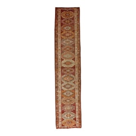 1960s Red & Orange Geometric Design Handwoven Wool Vintage Turkish Runner 2'10" X 13'6"
