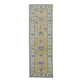 Early 21st Century Yellow & Blue Floral Design Handwoven Wool Turkish Oushak Rug 3' X 9'9"