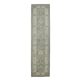 Early 21st Century Green Floral Design Handwoven Wool Turkish Oushak Rug 3'1" X 12'