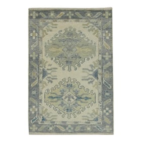 Early 21st Century Green & Blue Geometric Design Handwoven Wool Turkish Oushak Rug 2'1" X 3'