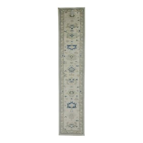 Early 21st Century Cream & Blue Floral Design Handwoven Wool Turkish Oushak Runner 2'9" X 14'3"