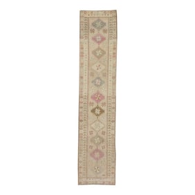 1960s Pink & Brown Geometric Design Handwoven Wool Vintage Turkish Runner 2'10" X 13'3"