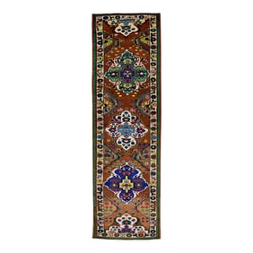 1960s Brown Colorful Geometric Design Handwoven Wool Vintage Turkish Oushak Runner 3'5" X 11'
