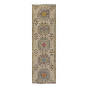 1960s Colorful Geometric Design Handoven Wool Vintage Turkish Oushak Runner 3'2" X 10'3"