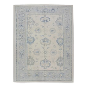 Early 21st Century Cream & Blue Floral Design Handwoven Wool Turkish Oushak Rug 8'10" X 11'1"