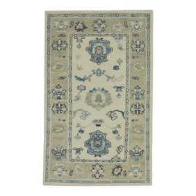 Early 21st Century Cream & Green Floral Design Handwoven Wool Turkish Oushak Rug 3' X 4'8"