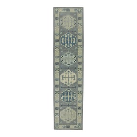 Early 21st Century Gray & Blue Geometric Design Handwoven Wool Turkish Oushak Runner 2'10" X 12'2"
