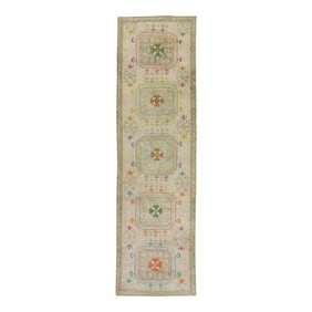 1960s Multicolor Geometric Design Handwoven Wool Vintage Turkish Oushak Runner 3' X 10'7"