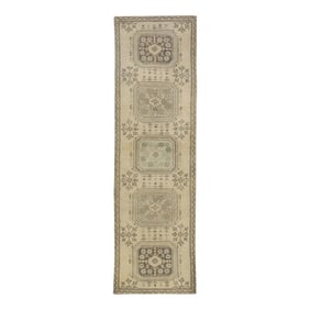 1960s Taupe Geometric Design Handwoven Wool Vintage Turkish Runner 3' X 10'2"
