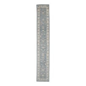Early 21st Century Green & Blue Floral Design Handwoven Wool Turkish Oushak Runner 2'9" X 16'11"