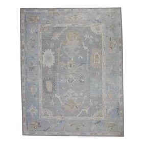 Early 21st Century Blue Floral Design Handwoven Wool Turkish Oushak Rug 12'1" X 15'6"