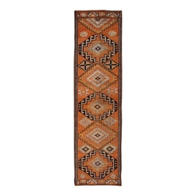 1960s Orange Geometric Design Handwoven Wool Vintage Turkish Runner 2'10" X 10'7"