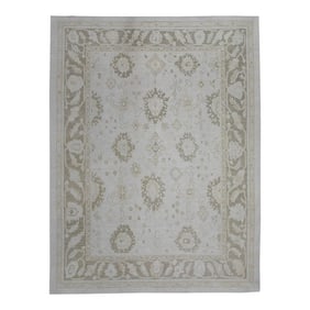 Early 21st Century White & Green Floral Design Handwoven Wool Turkish Oushak Rug 10' X 13'4"